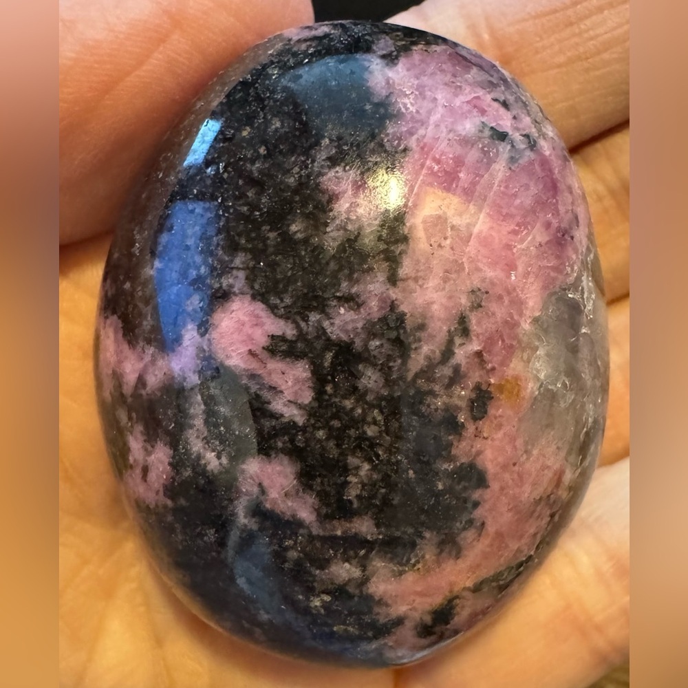 Rhodonite Tumbled Worry Stone 4.4 Ounces, Polished, Palm Pebble, Pink & Black